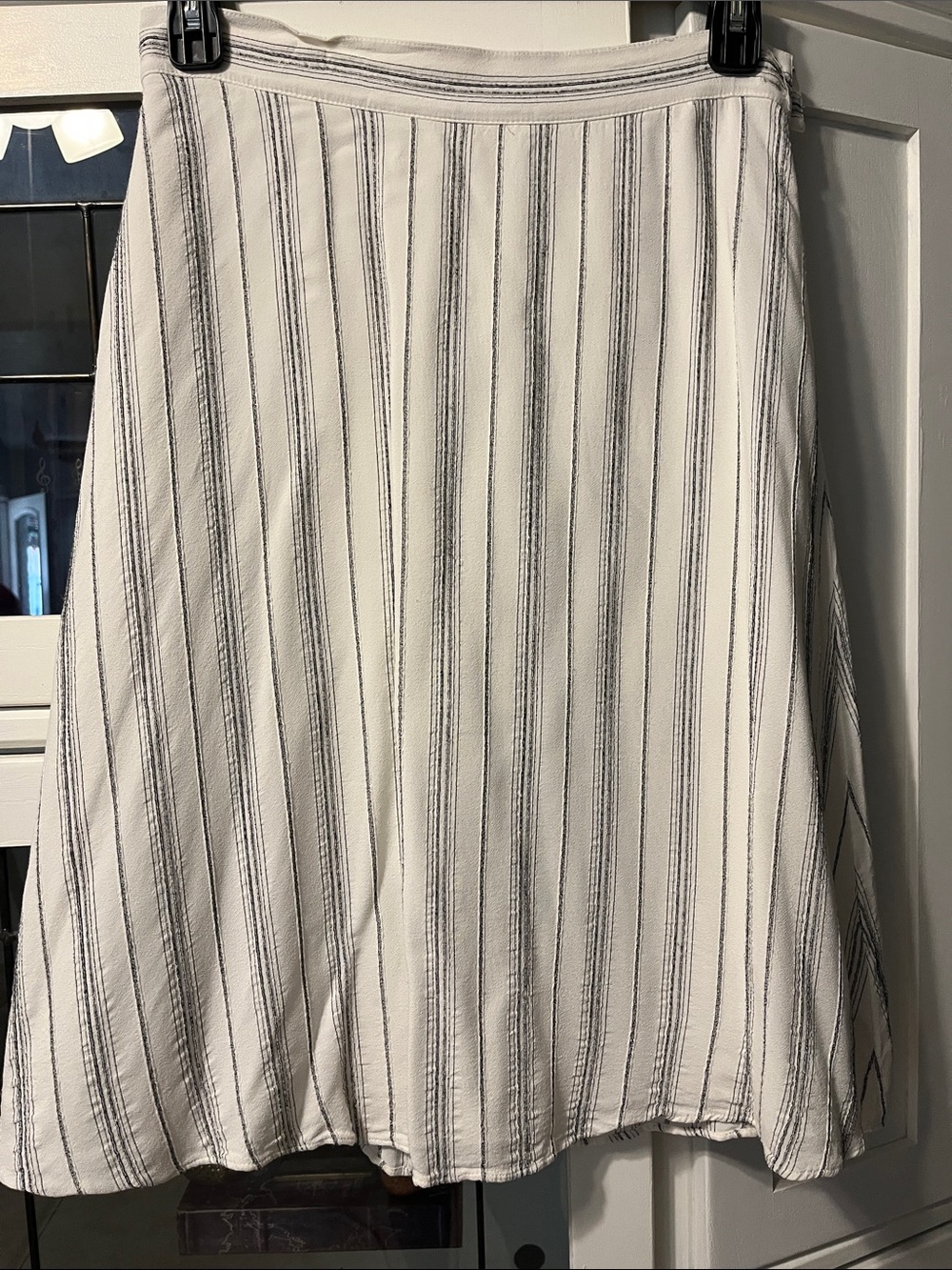 LOFT White A-Line Skirt with Gray Vertical Stripes